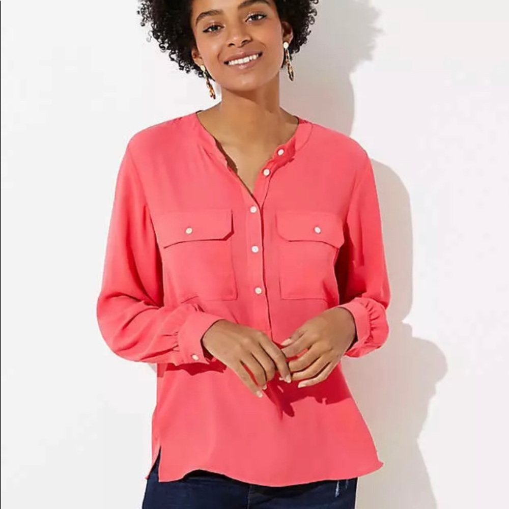 LOFT HENLEY UTILITY BLOUSE red pink
